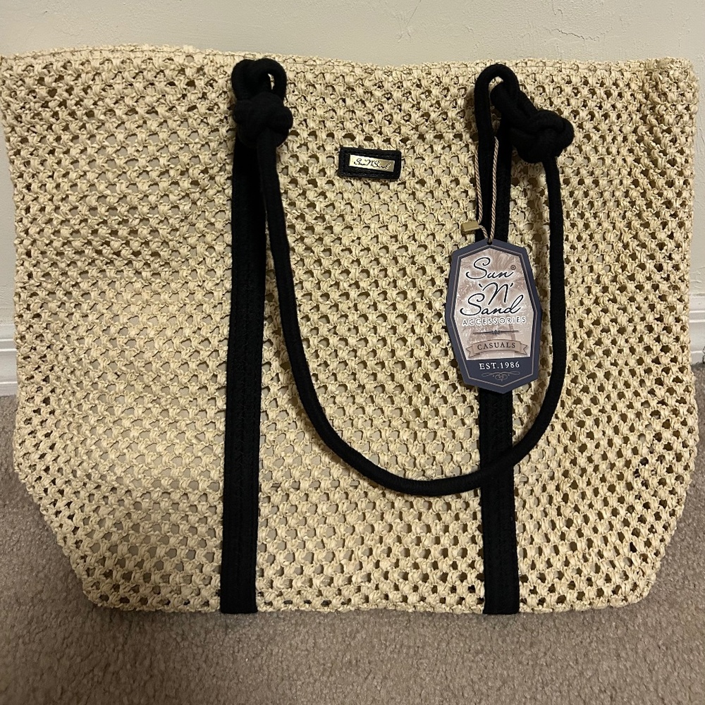 NWT Sun N’ Sand Beige & Black Crochet Beach Summer Shoulder Tote Bag